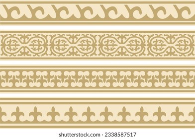 Vector set of golden seamless Kazakh national ornament. Ethnic endless pattern of the peoples of the Great Steppe, Mongols, Kyrgyz, Kalmyks, 
Buryats. circle, frame border.