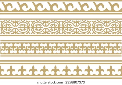 Vector set of golden seamless Kazakh national ornament. Ethnic endless pattern of the peoples of the Great Steppe, Mongols, Kyrgyz, Kalmyks, 
Buryats. circle, frame border.