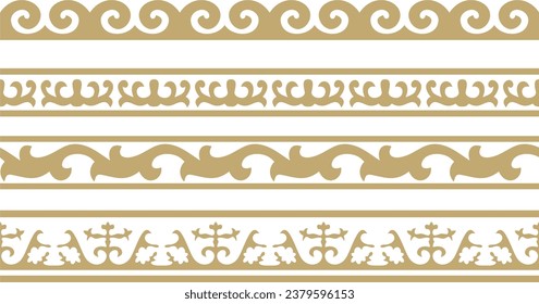 Juego de vectores de ornamento nacional kazajo sin fisuras de oro. Patrón interminable étnico de los pueblos de la Gran Estepa, los mongoles, los kirguisos, los kalmyks, 
Buryats. círculo, borde del marco.