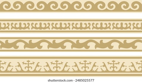 Vector set of golden seamless Kazakh national ornament. Ethnic endless pattern of the peoples of the Great Steppe, Mongols, Kyrgyz, Kalmyks, 
Buryats. circle, frame border.