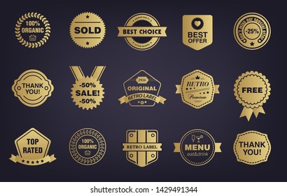 Vector set of golden shop vintage, retro badges, labels, tags. Store signs with ribbons