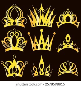 Vector set of golden silhouette of crowns and tiaras on dark background. Rich collection of metal mediaeval wreath and crowns of kings and queens. Luxury signs of monarchy for icons