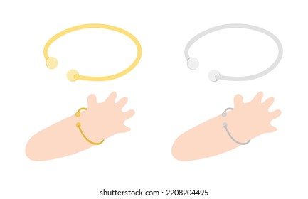 Vector Set Of Golden And Silver Baby Bracelet Clipart. Simple Adjustable Baby Bangles Or Jewelry On Wrist Flat Vector Illustration. Baby Bangle Bracelet Cartoon Style. Kids, Newborn And Nursery Decor