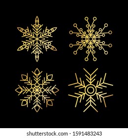 Vector set with golden snowflakes. Winter icons isolated on black background. New year and Christmas design elements. Perfect for print, banner,poster, greeting card, apps, blog decoration,website