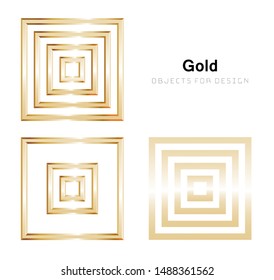 Vector Set Of Golden Squares, Different Sizes Like Nesting Doll. Design Elements Isolated On White Background