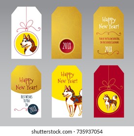 Vector set with golden tags with illustration of dog, symbol of 2018 on the Chinese calendar. Element for New Year's design. Year of Yellow Dog. Used for advertising, greetings, discounts.