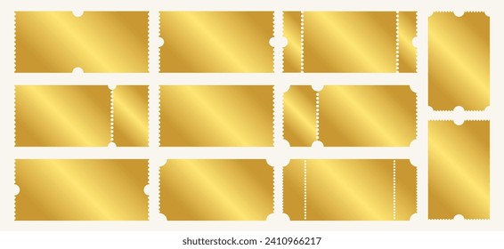 Vector set of golden ticket templates. Empty gold movie coupon blanks. Vector illustration