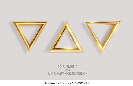 Vector set of golden triangles isolated on a light background. Realistic 3d element for decor, minimalistic modern design.