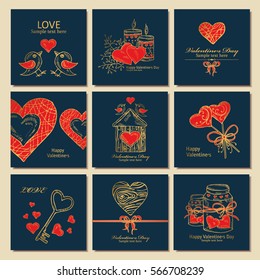 Vector set: golden Valentine's day backgrounds. hand drawn