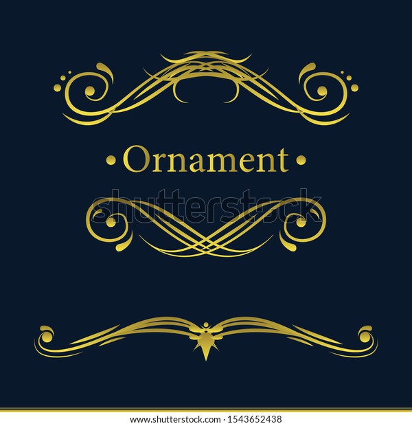 Vector set of golden Victorian ornate page\
decor elements like banners, frames, dividers, ornaments and\
patterns on dark background. Golden swirl\
elements