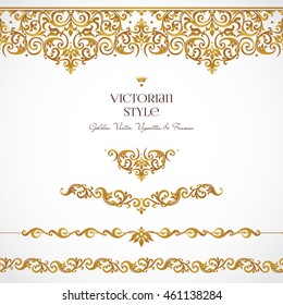 Vector set of golden vignettes and borders for design template. Elements in Victorian style. Luxury floral frames. Ornate decor for invitations, greeting cards, certificate, thank you message.