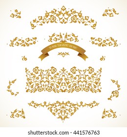 Vector set of golden vignettes for design template. Element in Victorian style. Ornate floral decor. Royal tracery. Ornaments for wedding invitations, greeting cards, certificate, thank you message.