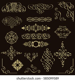 Vector set of Golden vintage design elements. Ornamental patterns for wedding invitations, birthday and greeting cards