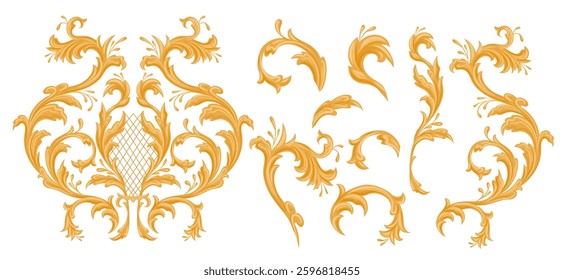 Vector set of golden vintage floral elements. Luxury collection of floral flourish isolated from background. Baroque filigree floral cliparts for cards and stickers