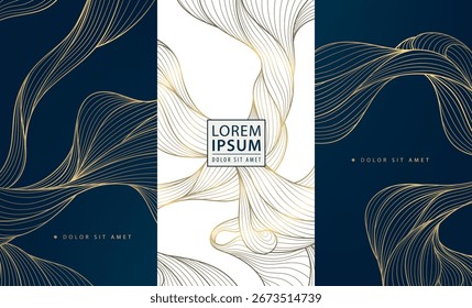 Vector set of golden wave wine package. Luxury jewelry, cosmetic, beauty product label design. Fancy sea, ocean japanese cards, vintage banners