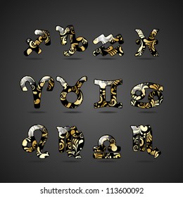 Vector set of golden zodiac signs with floral ornate isolated on gray background