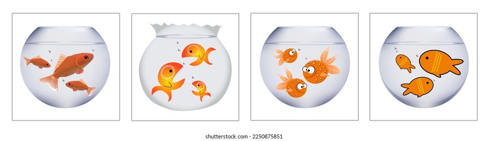 Vector set of goldfish in bowl on white. Goldfish in aquarium on white background. Funny fish characters swimming in water
