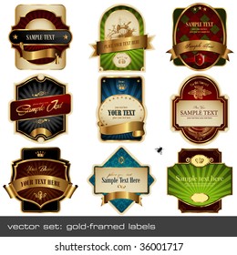 vector set: gold-framed labels - 9 items on different topics