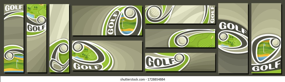 Vector set of Golf Banners, vertical and horizontal decorative art templates for golf events with illustration of sport field and flying on curve trajectory golf ball on grey abstract background.