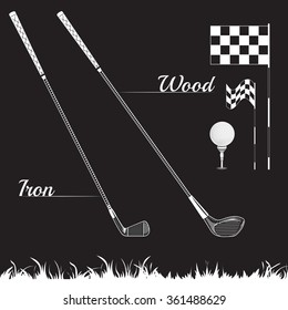 Vector Set Golf Equipment Icons on black background. Golf collection include: grass, bush, flag, hole,ball, tee, stick, club. Black and white color icons for golf