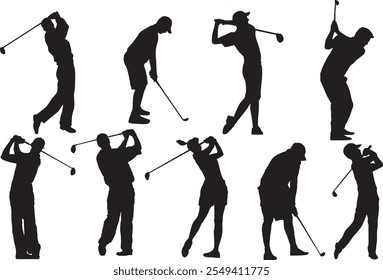 El conjunto de Vector de jugador de golf, golfista, jugadores de golf con palos, golf. Golfistas que golpean la bola con el club, gente que juega al golf, sistema al aire libre del Vector de los deportes. Mujer, hombre, y participar en el campeonato