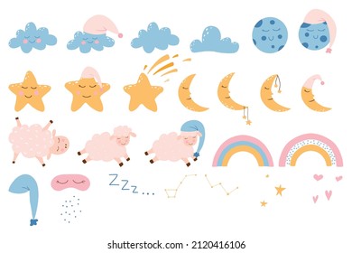  Vector Set Of Good Night. Good Night Elements. Cute Sheep, Stars, Clouds, Moon And Rainbow.