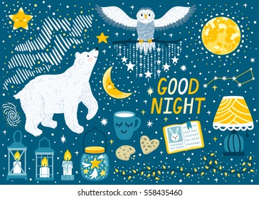 Vector ambientado "Buenas noches" con oso polar, búho nevado, luna, estrellas, farolillos. Hermoso fondo infantil con adorables elementos y personajes nocturnos. Dulces sueños. Colección de stickers de álbumes.