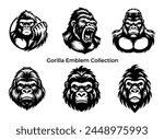 Vector set of gorilla heads isolated on a white background. Monochrome illustration.