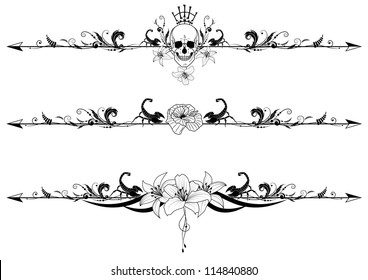 vector set of gothic borders with cranium, scorpions and flowers