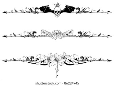 vector set of gothic borders with skulls and flowers