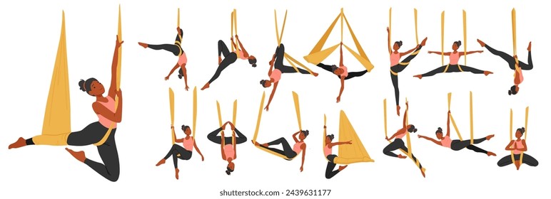 Vector Set Graceful Woman Character Suspended In a Hammock, Flowing Through Aerial Yoga Poses With Effortless Strength And Serenity, Defying Gravity In A Mesmerizing Display Of Flexibility And Balance