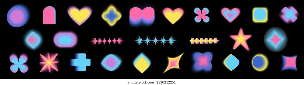 Vector set of gradient abstract shapes and aesthetic elements. Colorful soft gradients. Blurry stars, moons, hearts, floral and various geometric shapes with blur effect.  EPS 10