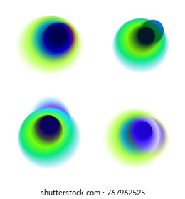 Vector set of gradient circles of vibrant colors. Peacock colored collection of blurred holes on white background. Green, blue, turquoise transparent spots and dots.