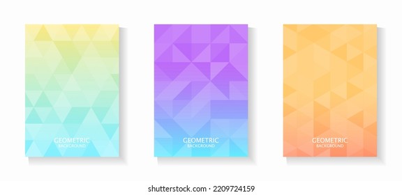 Vector set of gradient geometric backgrounds in bright pastel colors. Triangle patterns on pastel gradient background. For book cover, notebook cover, brochure, poster, flyer, web banner, etc.