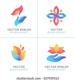 Vector set of gradient logo design elements and emblems on white background - hands, flowers and leaves concepts - badges for charity and care organizations