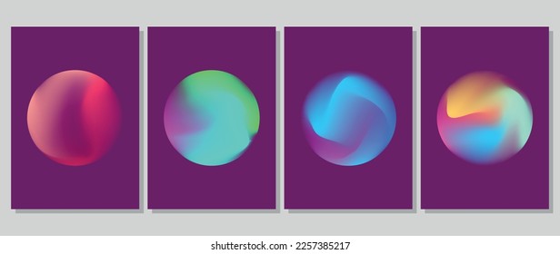 Vector set of gradient posters. Circle shape with gradient overflows. Purple background. Suitable for card, banner design, cover, screensaver, party invitation.