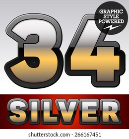 Vector set of gradient silver font with black border. Numbers 3 4