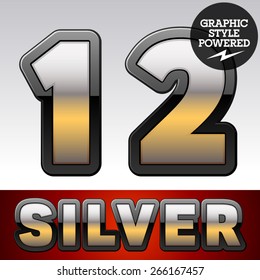 Vector set of gradient silver font with black border. Numbers 1 2