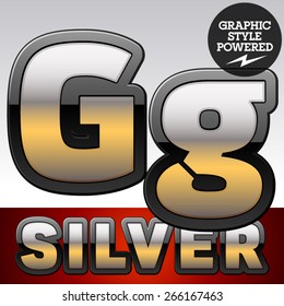 Vector set of gradient silver font with black border. Letter G