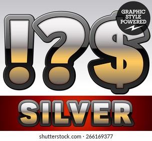 Vector set of gradient silver font with black border. Symbols
