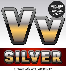 Vector set of gradient silver font with black border. Letter V