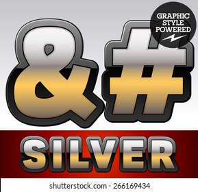 Vector set of gradient silver font with black border. Symbols
