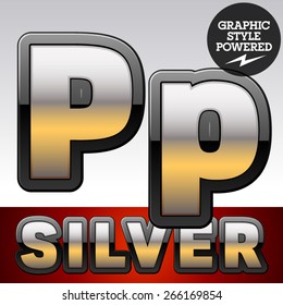 Vector set of gradient silver font with black border. Letter P