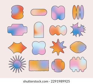 Vector set of gradient stickers, patches, emblems in trendy y2k style. Modern futuristic design elements for social media, label, badge. Abstract blurry background