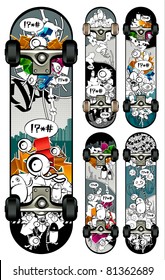 Vektorset von Graffiti-Skateboardstilen. Alle Elemente sind gruppiert. Die Räder befinden sich auf einer separaten Ebene.