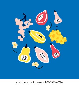 Vector set with grape, papaya on qthe blue background. Tropical fruit. Colorful clip qart. Yellow, pink colors. Cartoon style. Vegan poster, flat design, web banners, children books, package. Isolated