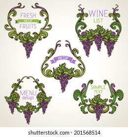 Vector set of grapes vintage wreathes. Decorative elements with text on light background. Retro design. Menu or wine list templates.