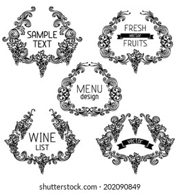 Vector set of grapes vintage wreathes. Five design elements with text isolated on white background. Retro design. Menu or wine list templates.