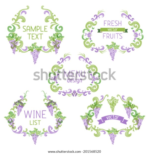 Vector set of grapes vintage wreathes.\
Decorative elements with text isolated on white background. Menu or\
wine list templates.