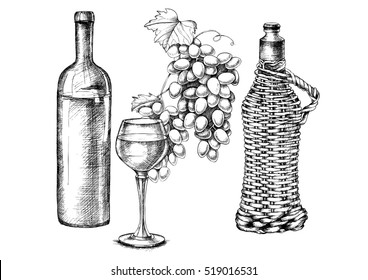 Vector set of grapes, wine, glass, bottle with hand-drawing style for design